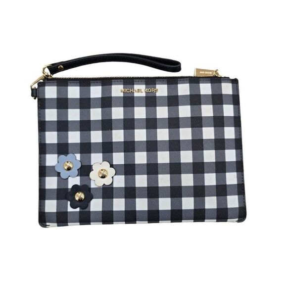 Michael Kors Wristlet Bag Women's Large Black White Gingham Designer Zip Pouch - Picture 1 of 9